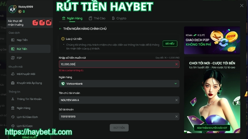 Lưu ý khi thao tác rút tiền HAYBET
