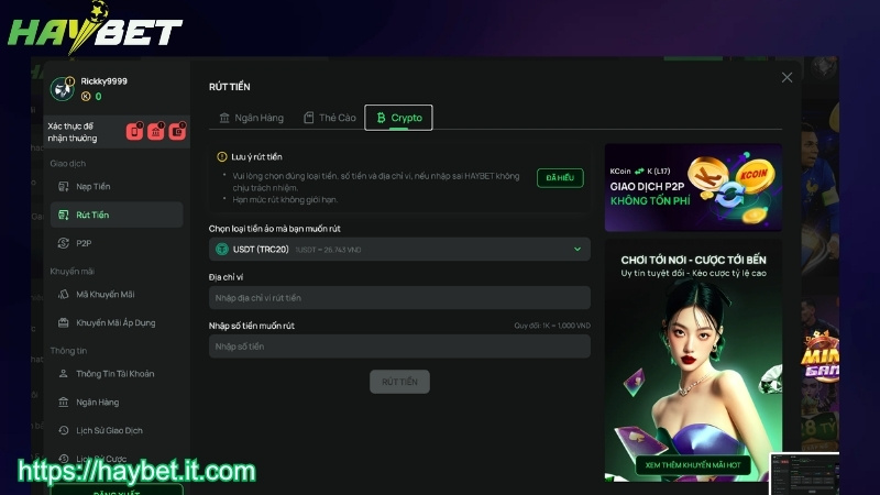 Rút tiền HAYBET về ví crypto
